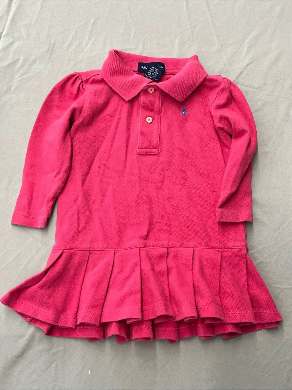 Ralph Lauren Hot Pink Long-Sleeve Polo Dress with Pleated Skirt Size 18 Months